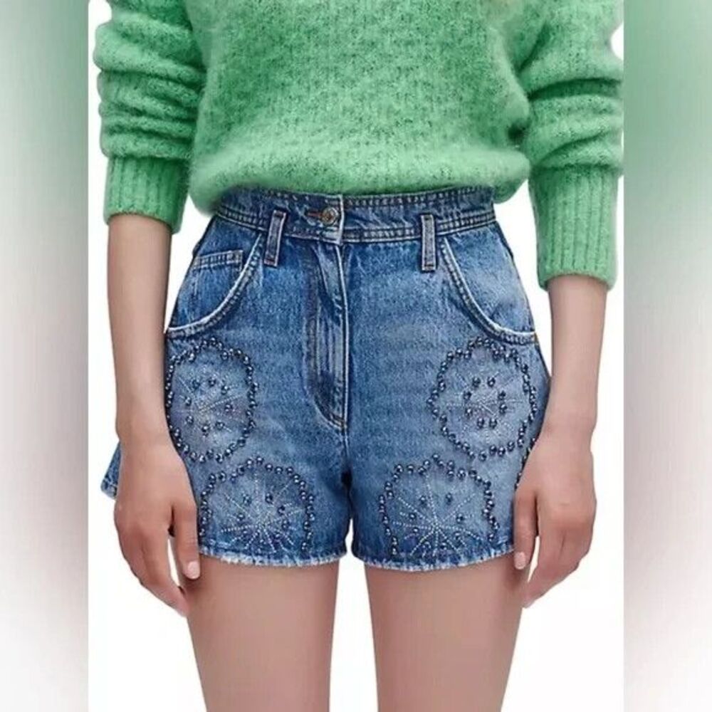 Maje Blue Jean Shorts with Embellishments